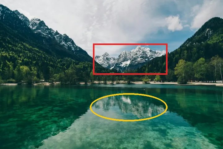 After annotating: a red box around the peaks and a yellow circle around their reflection