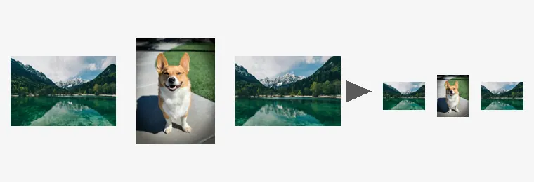Illustration: three photos of different sizes on the left become three smaller photos on the right after the same settings are applied