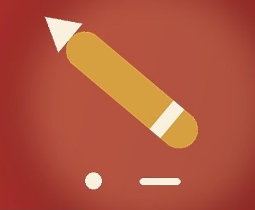 A gold pencil on a red gradient, with a dot and a short bar below it