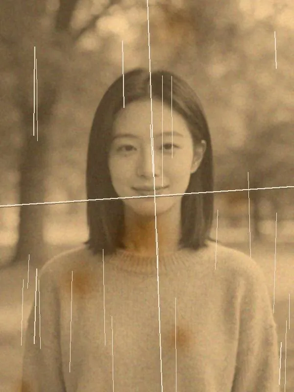 Original: an old-style half-length portrait in sepia, covered in scratches, creases and stains