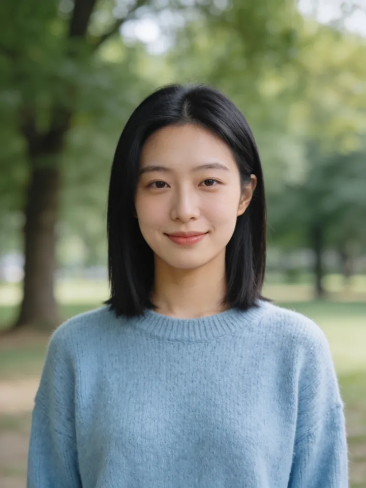 Original: portrait of a black-haired woman in a blue sweater