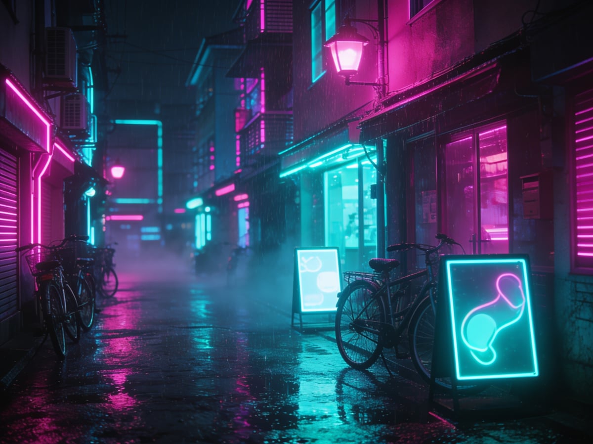 Street scene in the neon cyberpunk style
