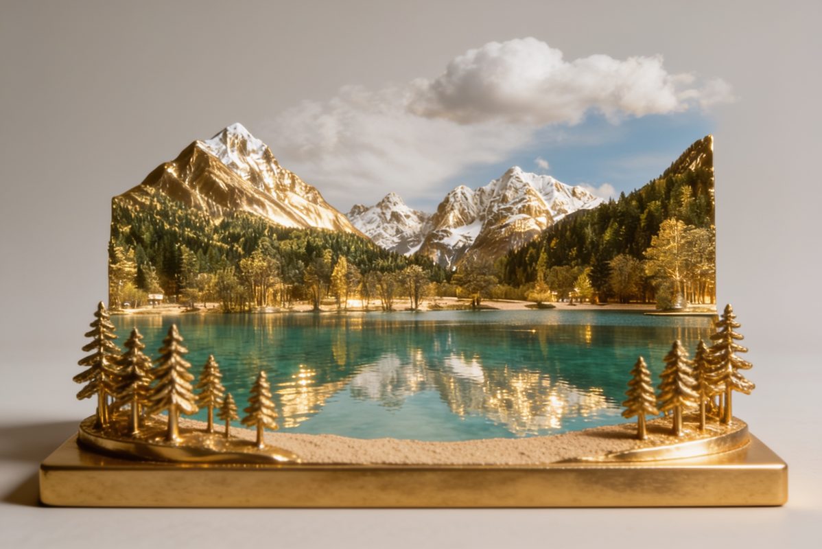 Landscape as a gilded gold statue