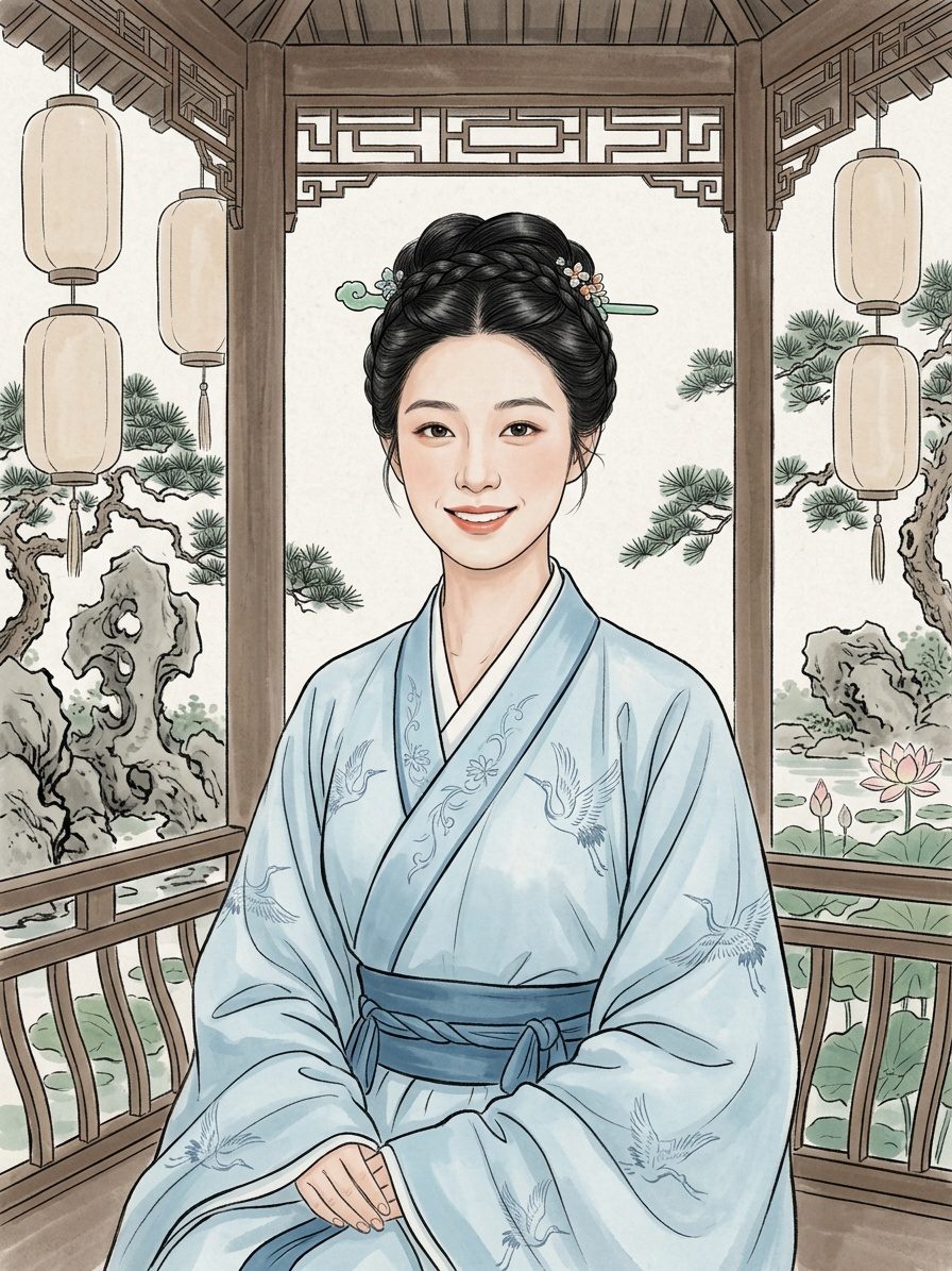 Portrait in the ancient Chinese costume style, with robes and an updo