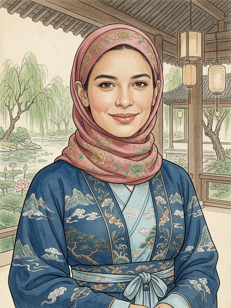 Portrait in the ancient Chinese costume style, headscarf kept