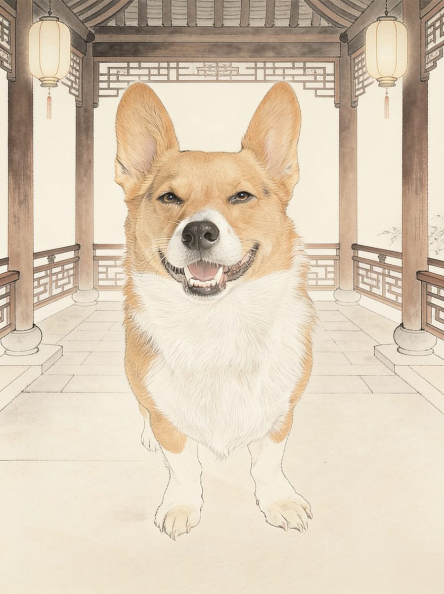 The corgi in the ancient Chinese costume style, set in a pavilion