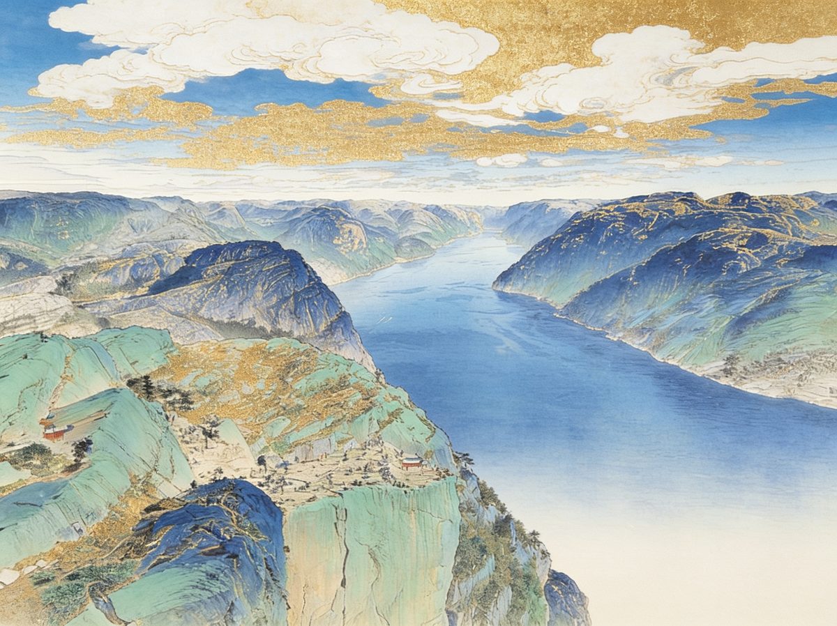 Landscape in the ancient Chinese costume style, with a fading blank patch in the bottom-right corner