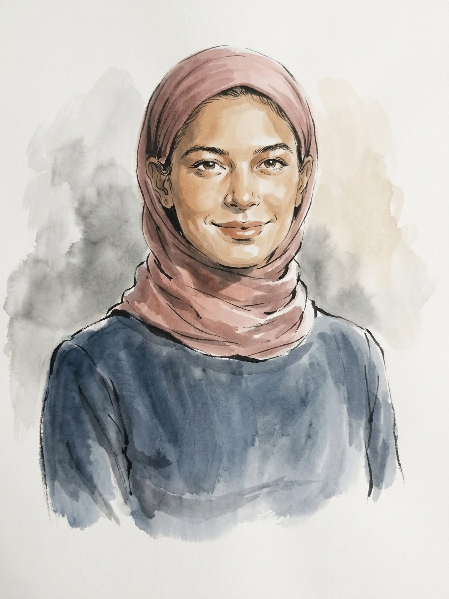 Portrait in the ink wash style, headscarf kept