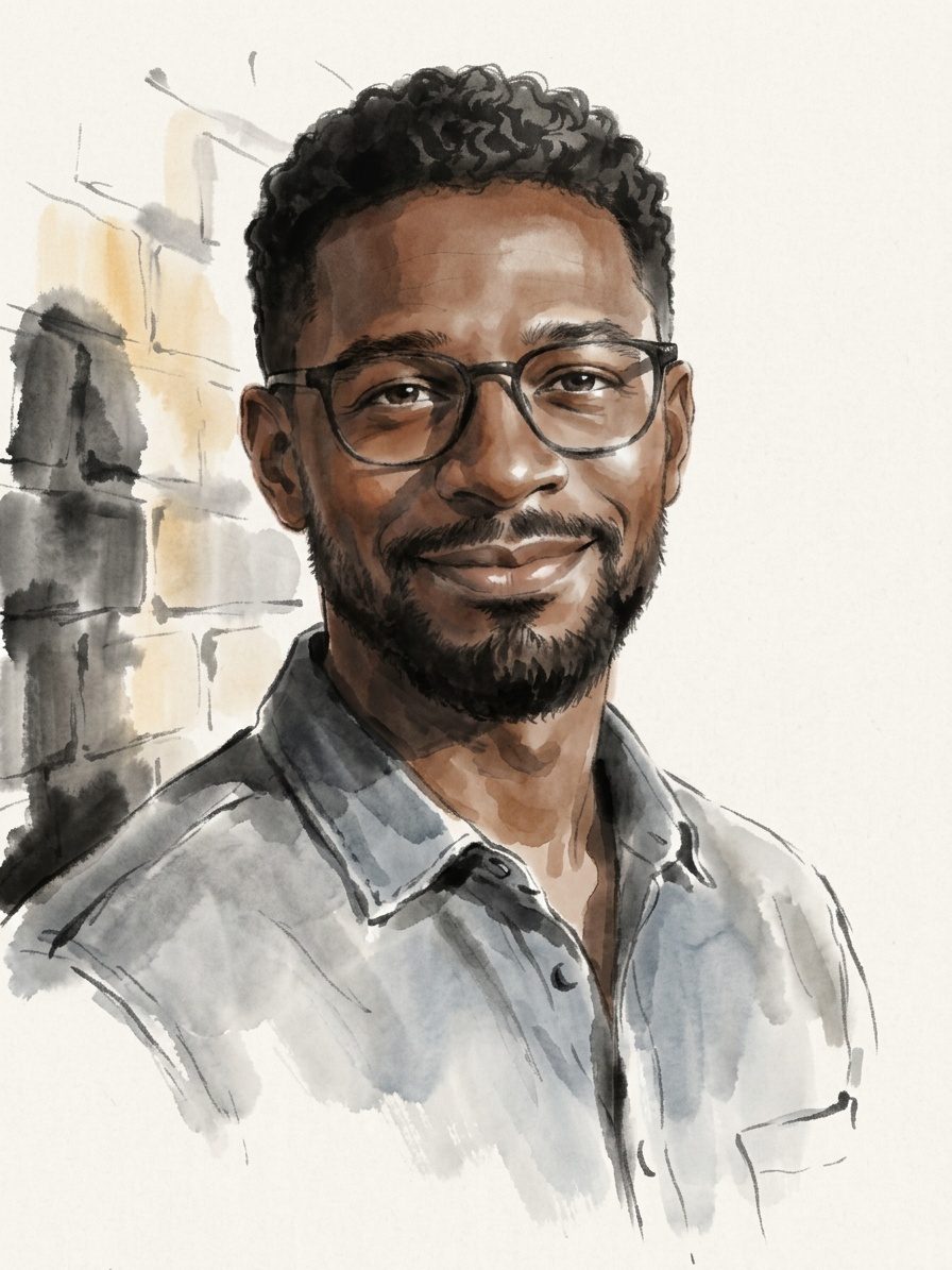 Portrait in the ink wash style, slightly lighter than the photo