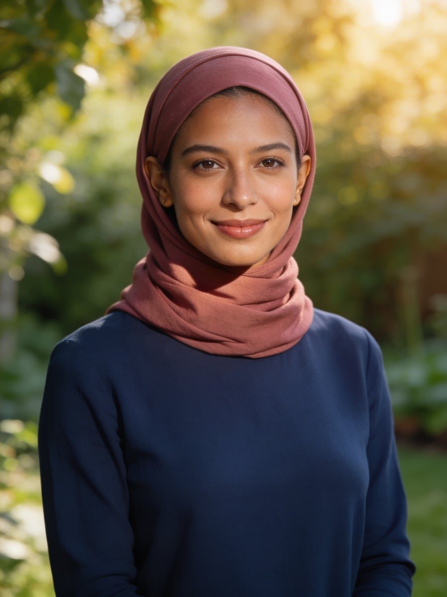 Original: portrait of a woman in a rose headscarf and a navy top