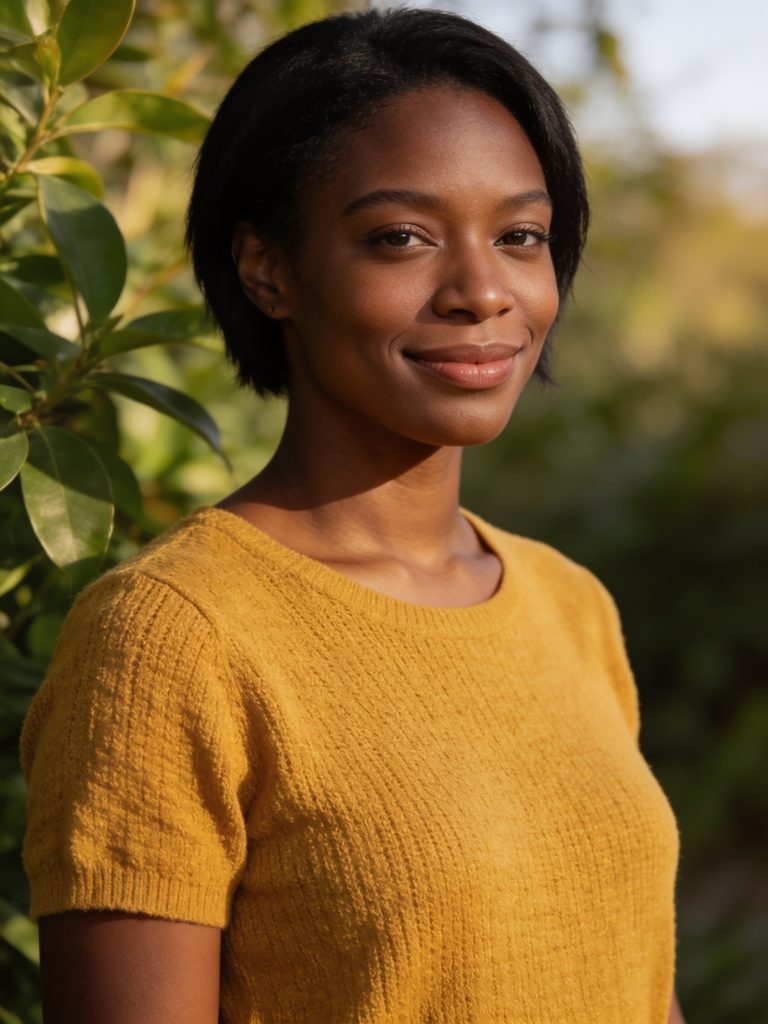 Original: portrait of a woman with dark skin and short hair in a yellow top