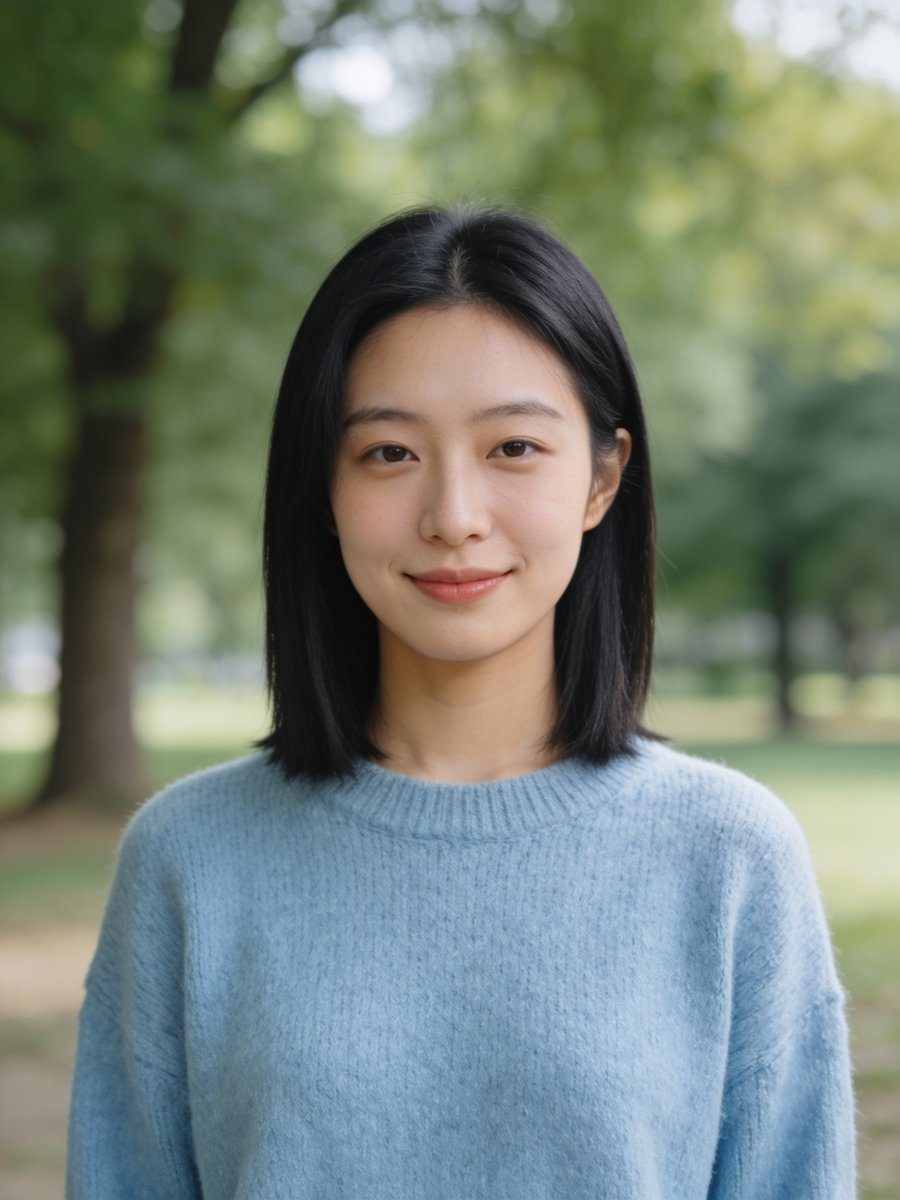 Original: portrait of a woman with shoulder-length black hair in a light blue sweater